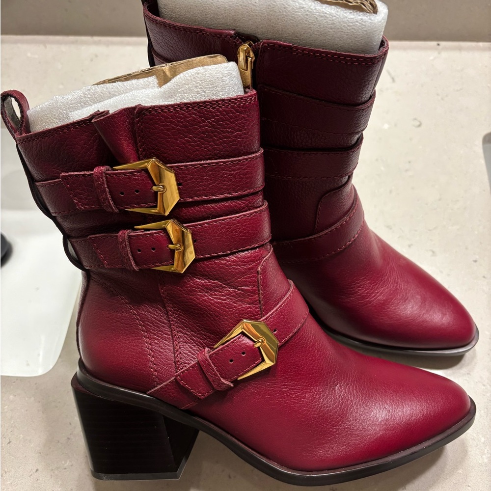 New Vince Camuto Maroon Leather Ankle Boots with Gold Buckles